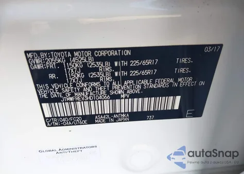 2017 Toyota Rav4 Xle из США, поврежденный, VIN JTMWFREV3HD104066